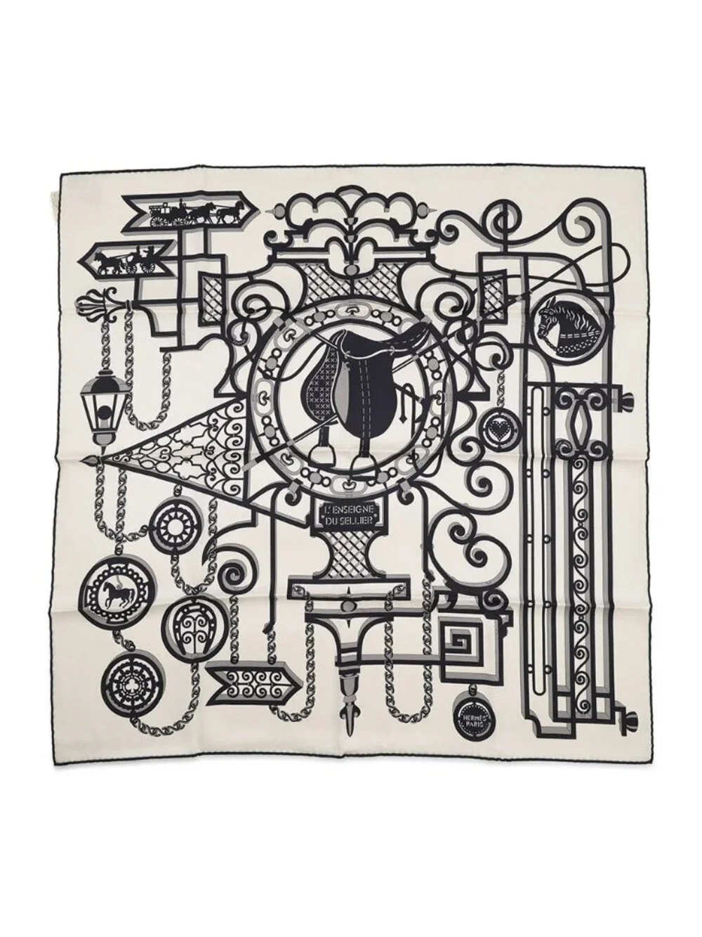 Hermes Scarf Carre 70 Saddle Craftsman's Sign L'enseigne du Sellier Black